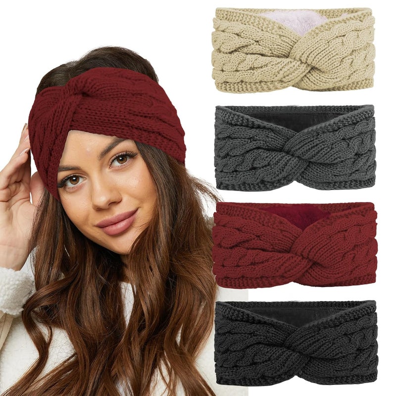 Cavetee Winter Headbands for Women, 4 Pieces Ear Muffs Crochet Soft Lined Elastic Ear Warmers for Women Christmas Gift - Image 1